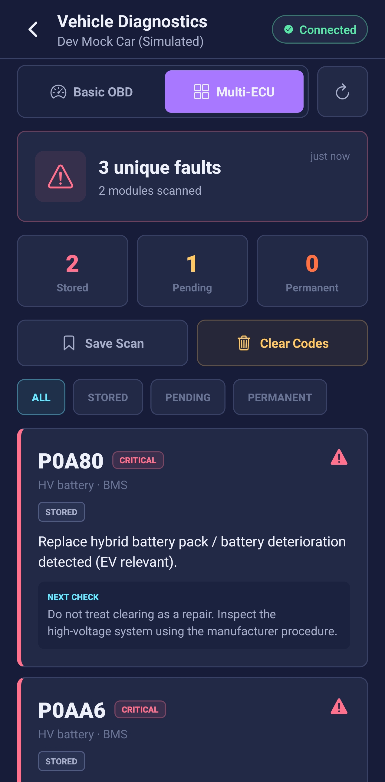 Ev Analyzer multi-ECU fault code diagnostics